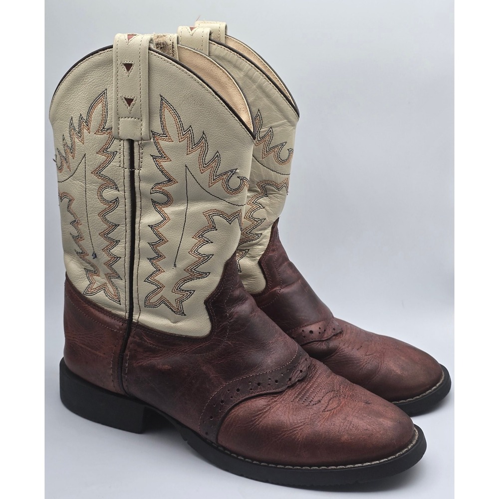 Old West Brown Cream Leather Western Rodeo Cowboy Boots Youth 4 CW2552Y